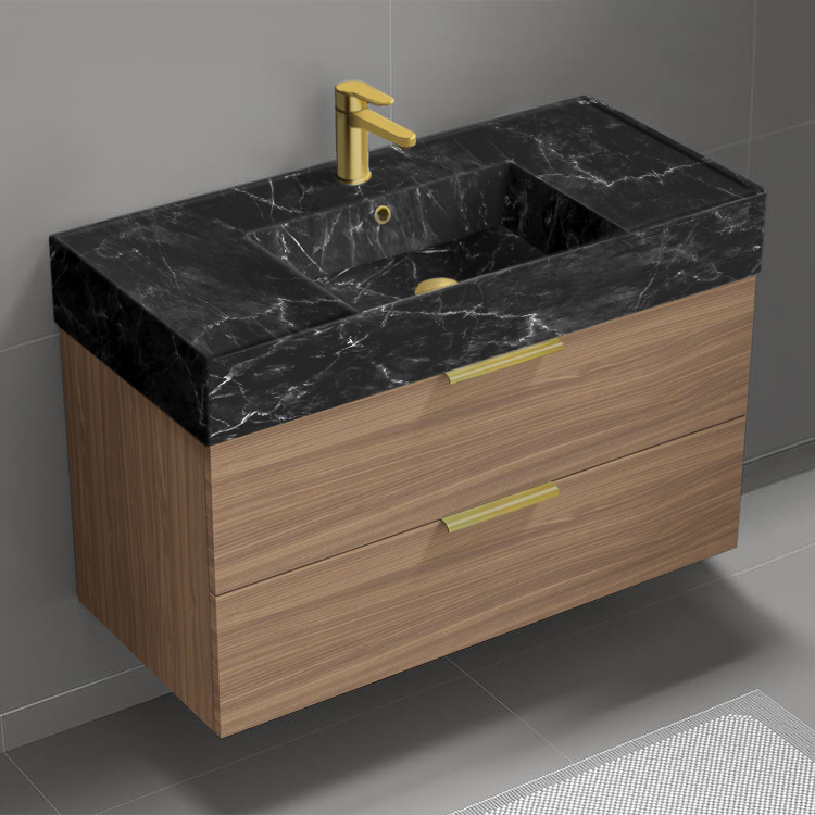 Bathroom Vanity Floating Bathroom Vanity, Modern, Walnut, 40 Inch, Black Marble Style Sink, Gold Handles Nameeks DERIN919
